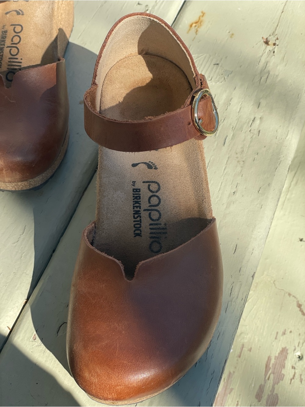 Papillio Tan Brown Leather Wedge Sandals with Buckle - Picture 2 of 4